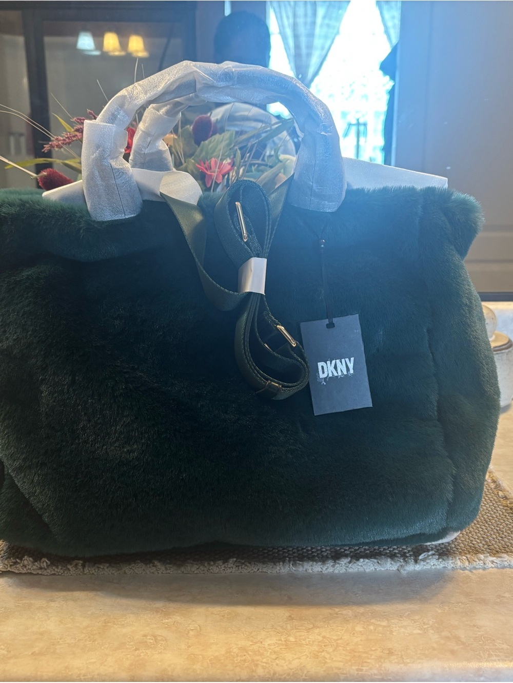 DKNY Forest Green Faux Fur Tote Bag with Removable Strap